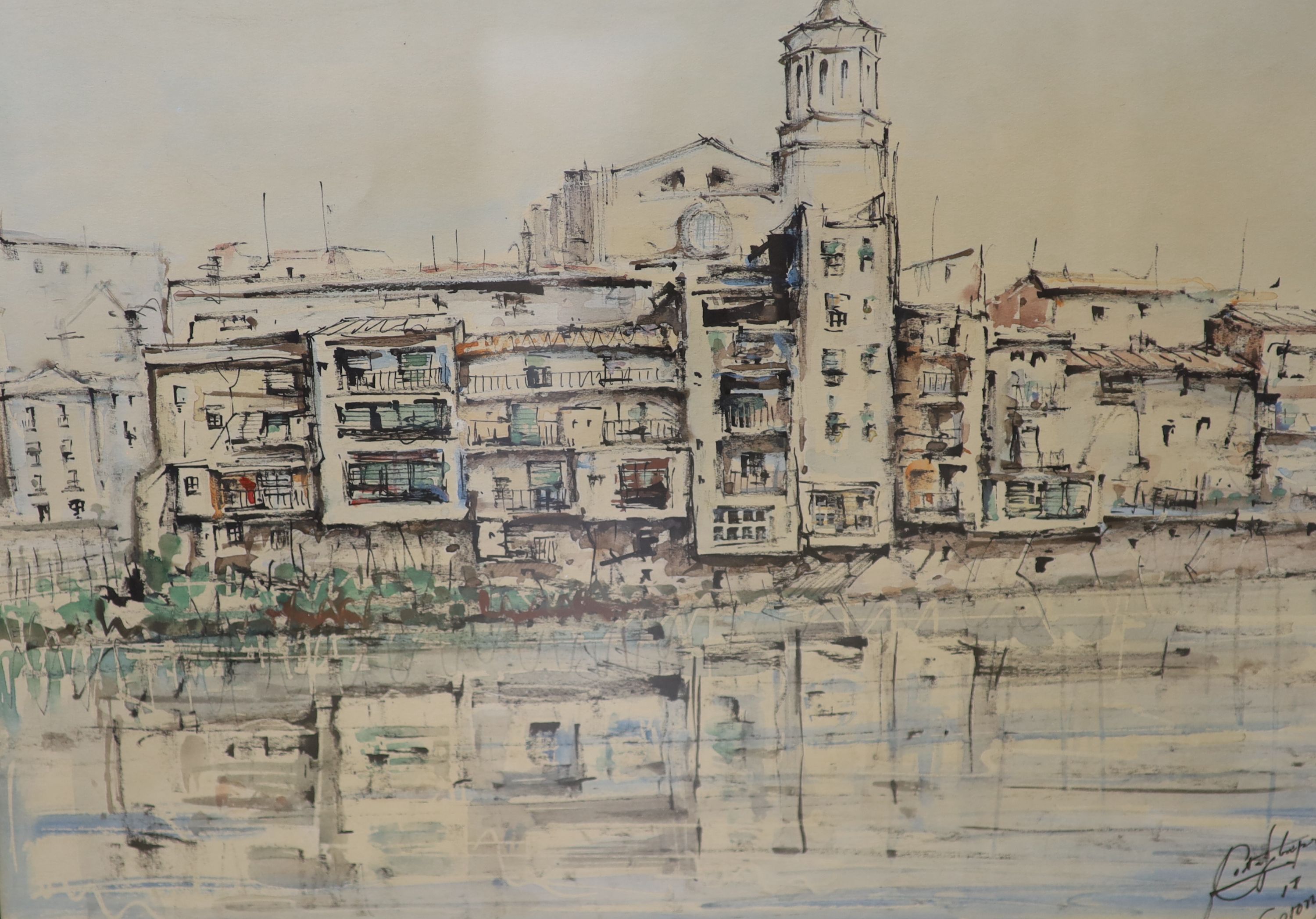 Cortasbepe, watercolour, View of Gerona, indistinctly signed, 28 x 38cm, together with an ink and watercolour study of a Chinese backwater, 45 x 38cm